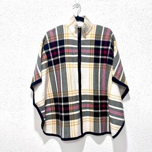Nicole Miller Red and Gold Knit Plaid Zip-Front Poncho S/M